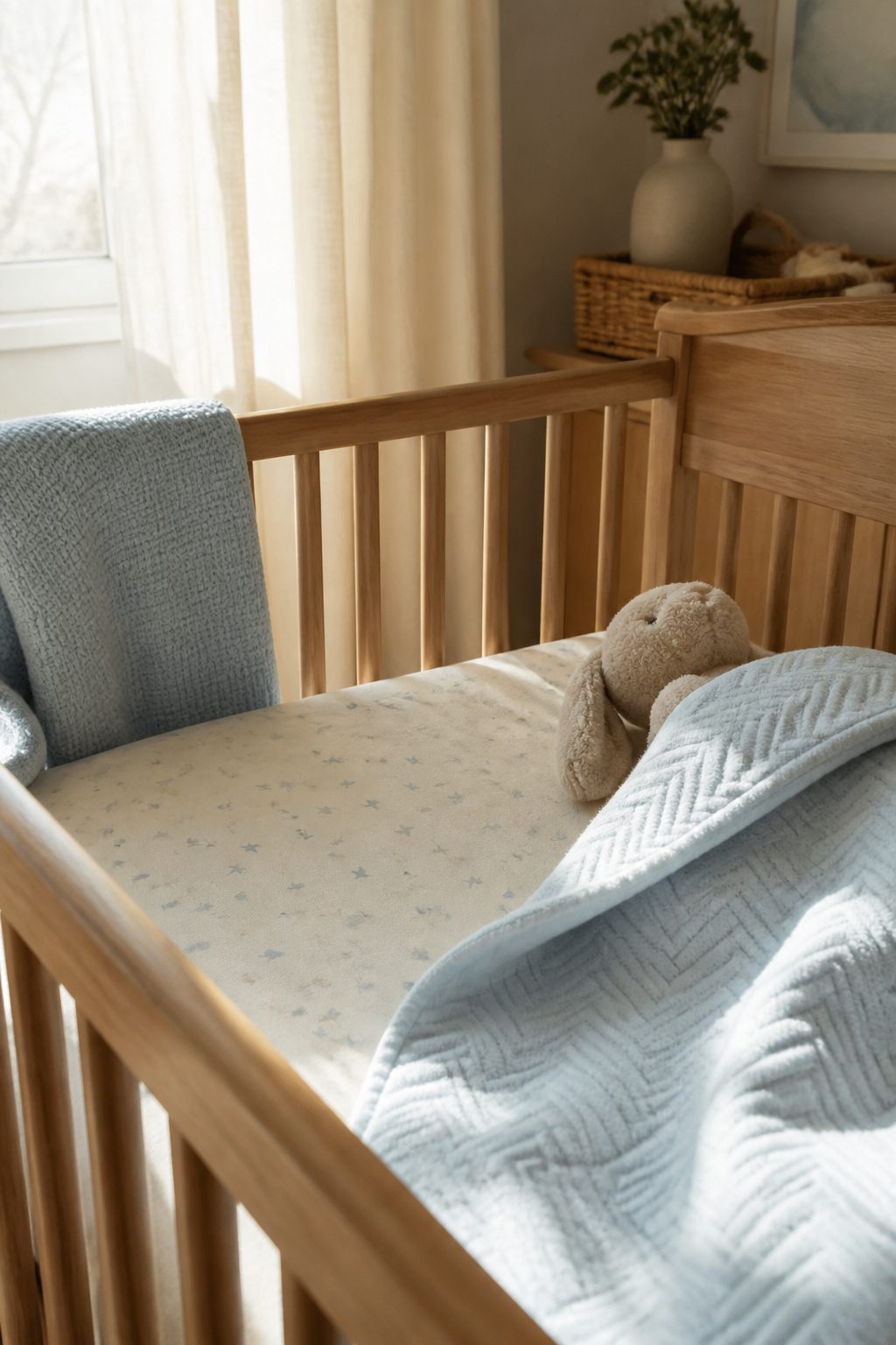 Close-up of warm flannel and jersey-knit crib sheets on a mattress.