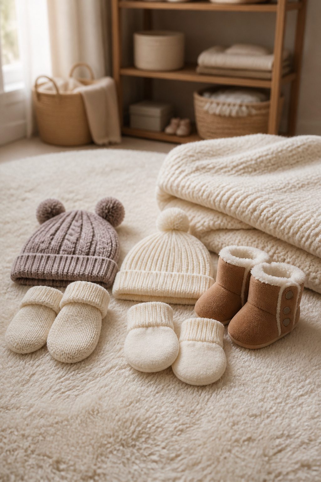 Array of soft hats, mittens, and booties on a plush nursery rug.