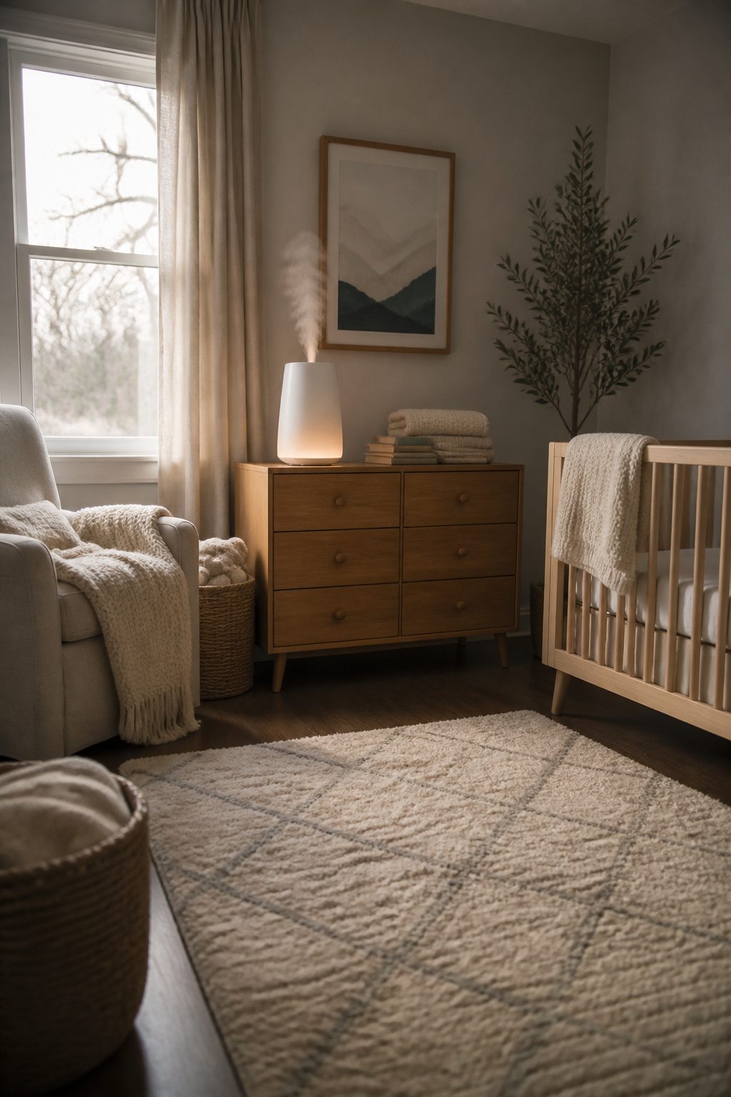 Cool-mist humidifier placed in a cozy nursery corner.