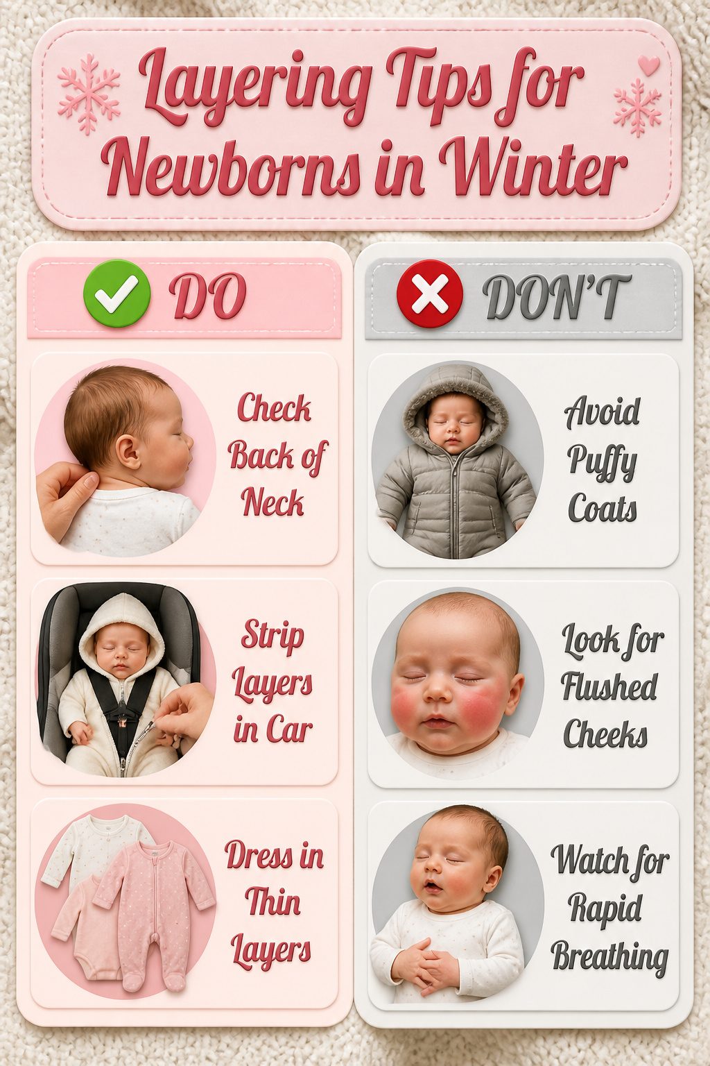 Informational graphic on layering tips for newborns in winter.