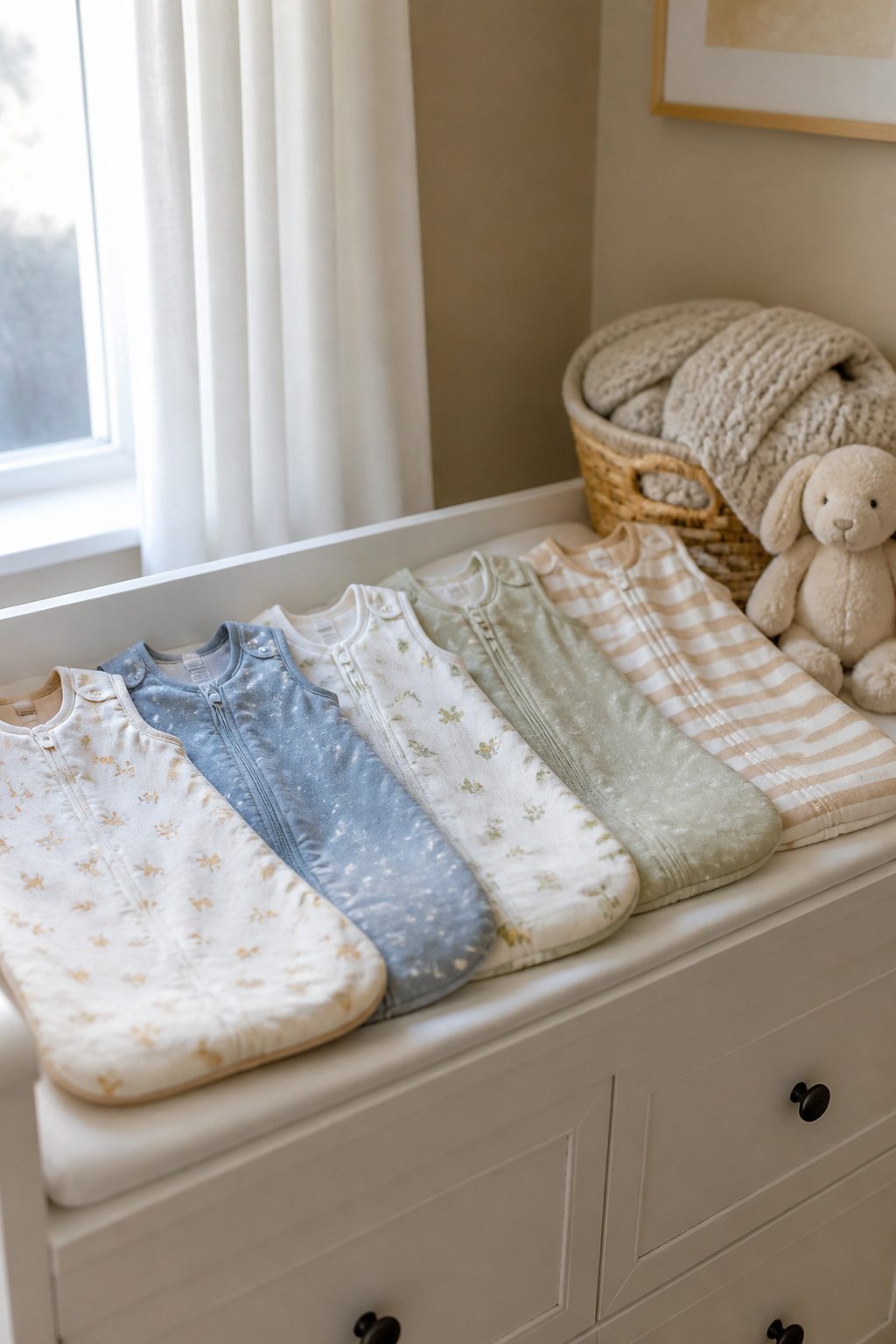 Row of sleep sacks with various TOG ratings on a changing table.