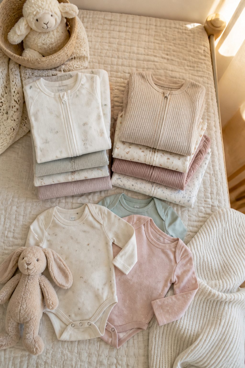 Multiple cotton and merino sleepsuits in various sizes.