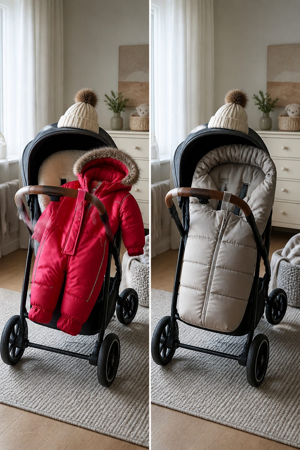 Winter snowsuit and stroller suit laid out for comparison.