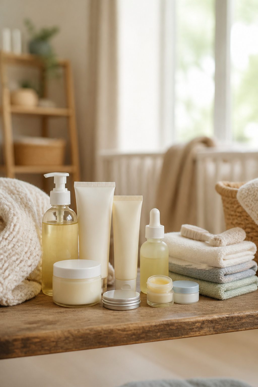 Assortment of soothing balms and oils on a wooden shelf.