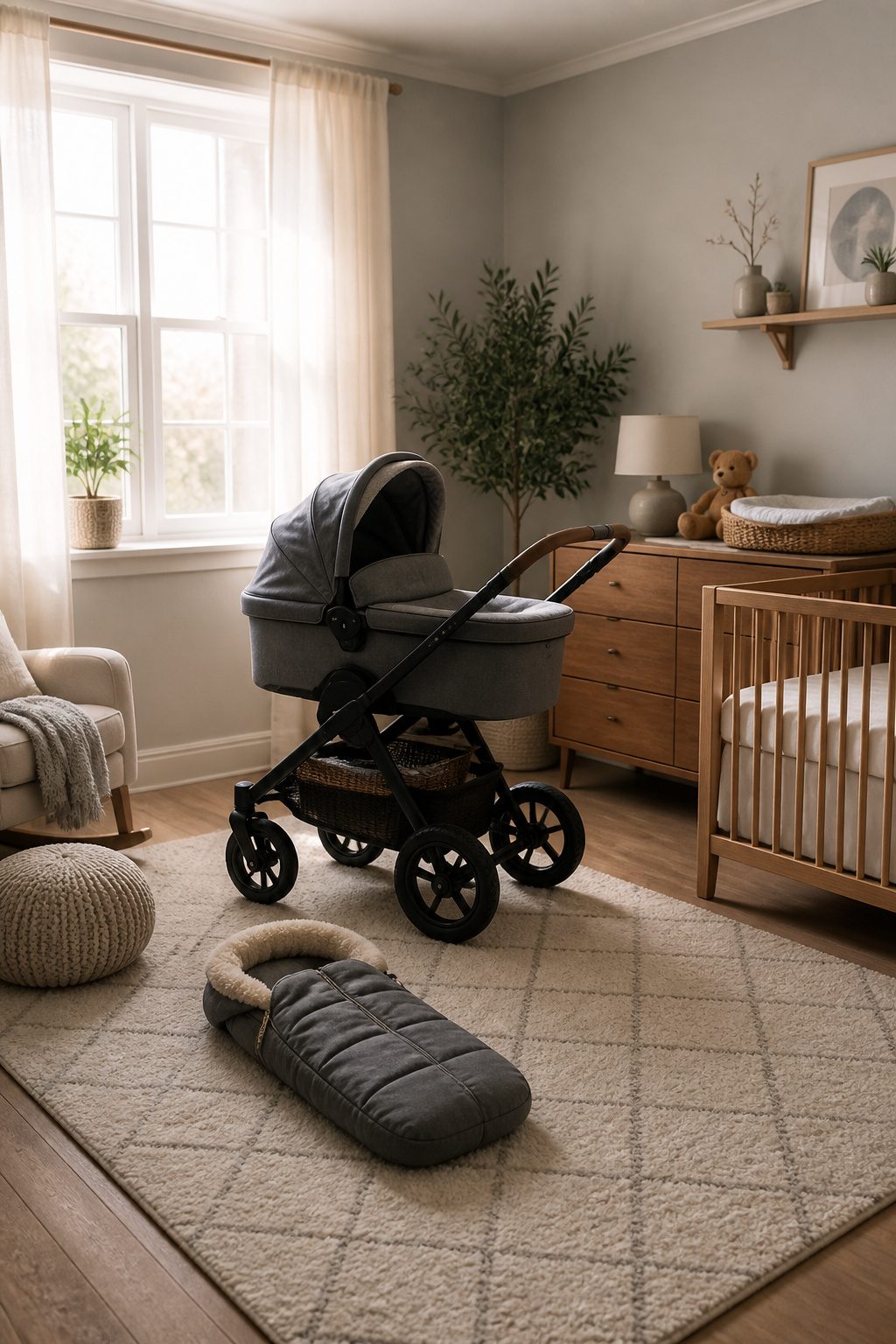 Stroller with larger wheels designed for winter conditions.