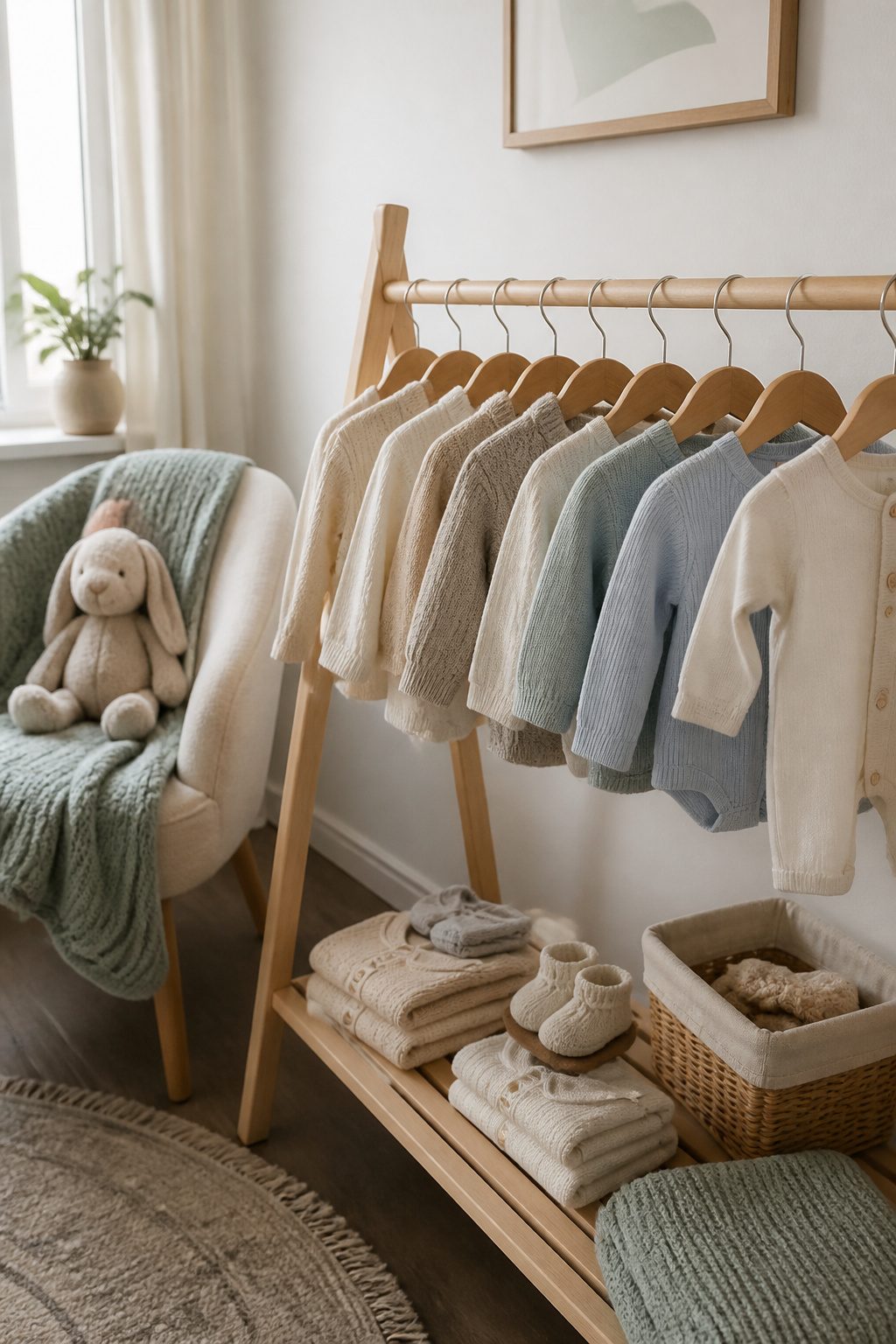Soft cotton and bamboo sweaters and cardigans on a wooden rack.