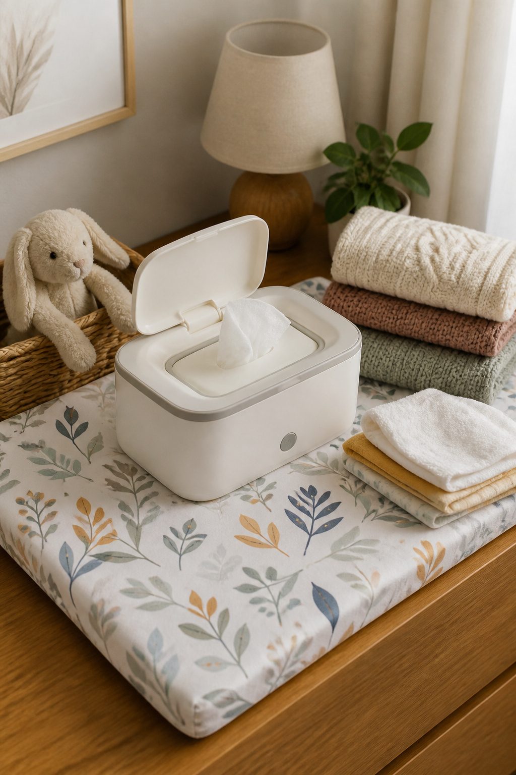 Wipe warmer on a colorful changing mat with wipes nearby.