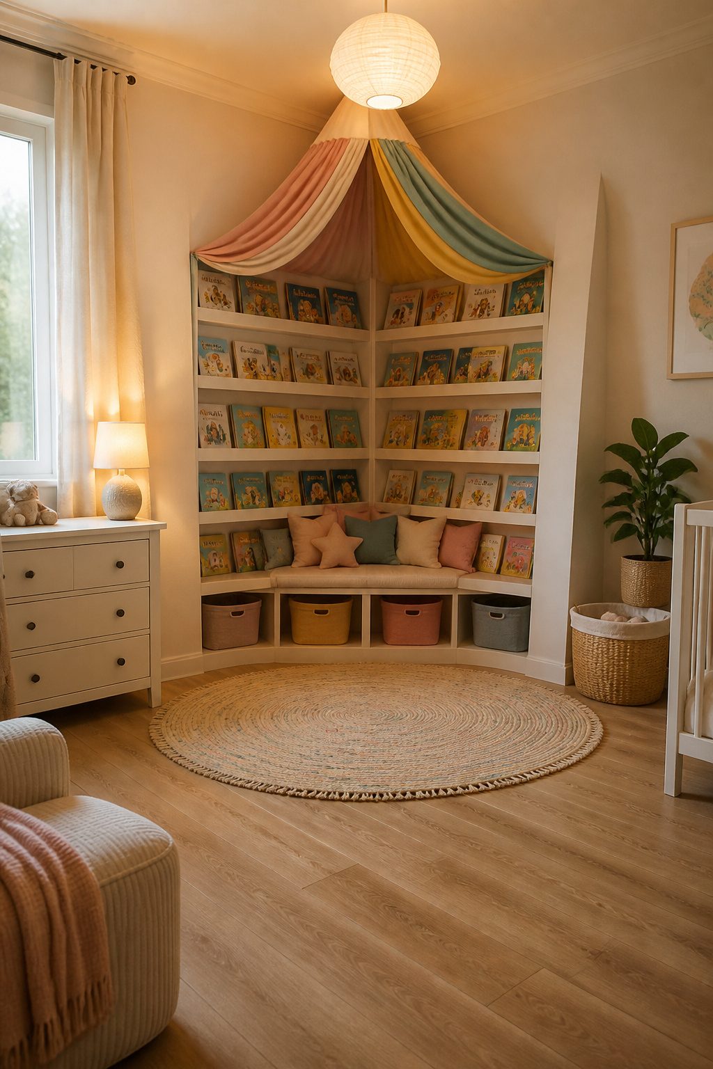 A reading nook with bookshelves and a fabric canopy above.