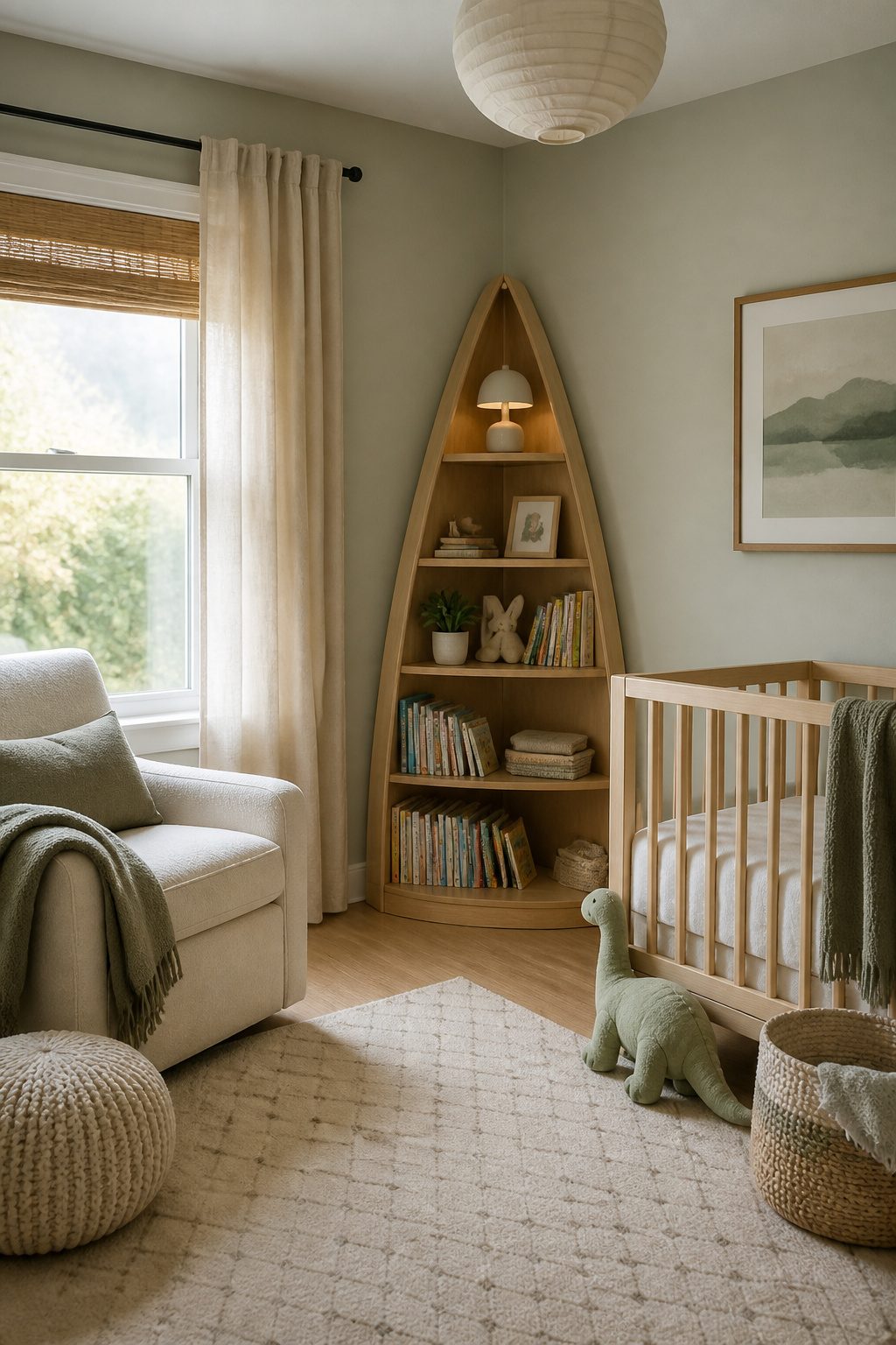 Triangular corner shelves mounted on walls filled with books.