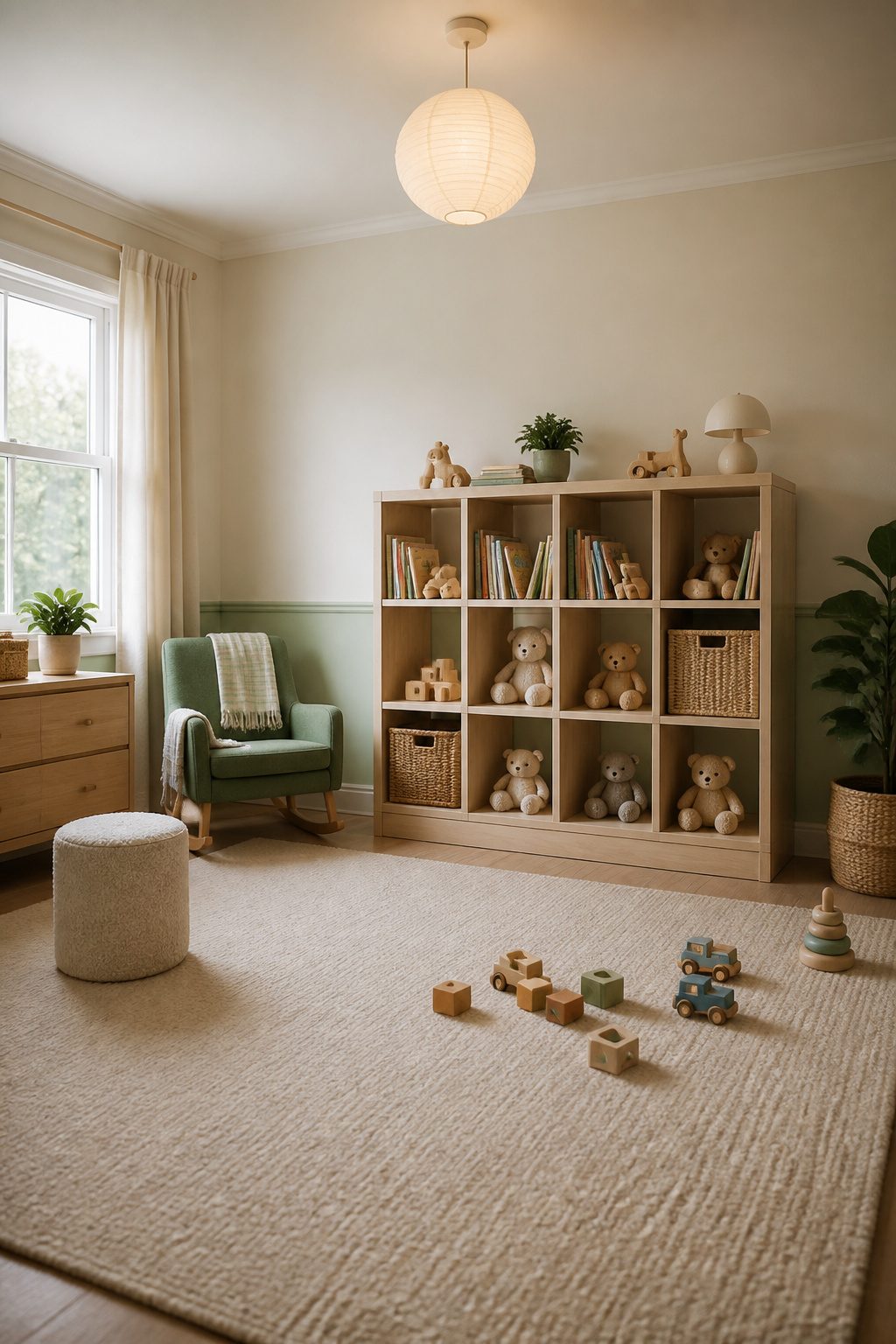 A cubby bookshelf with books standing upright and storage for toys.