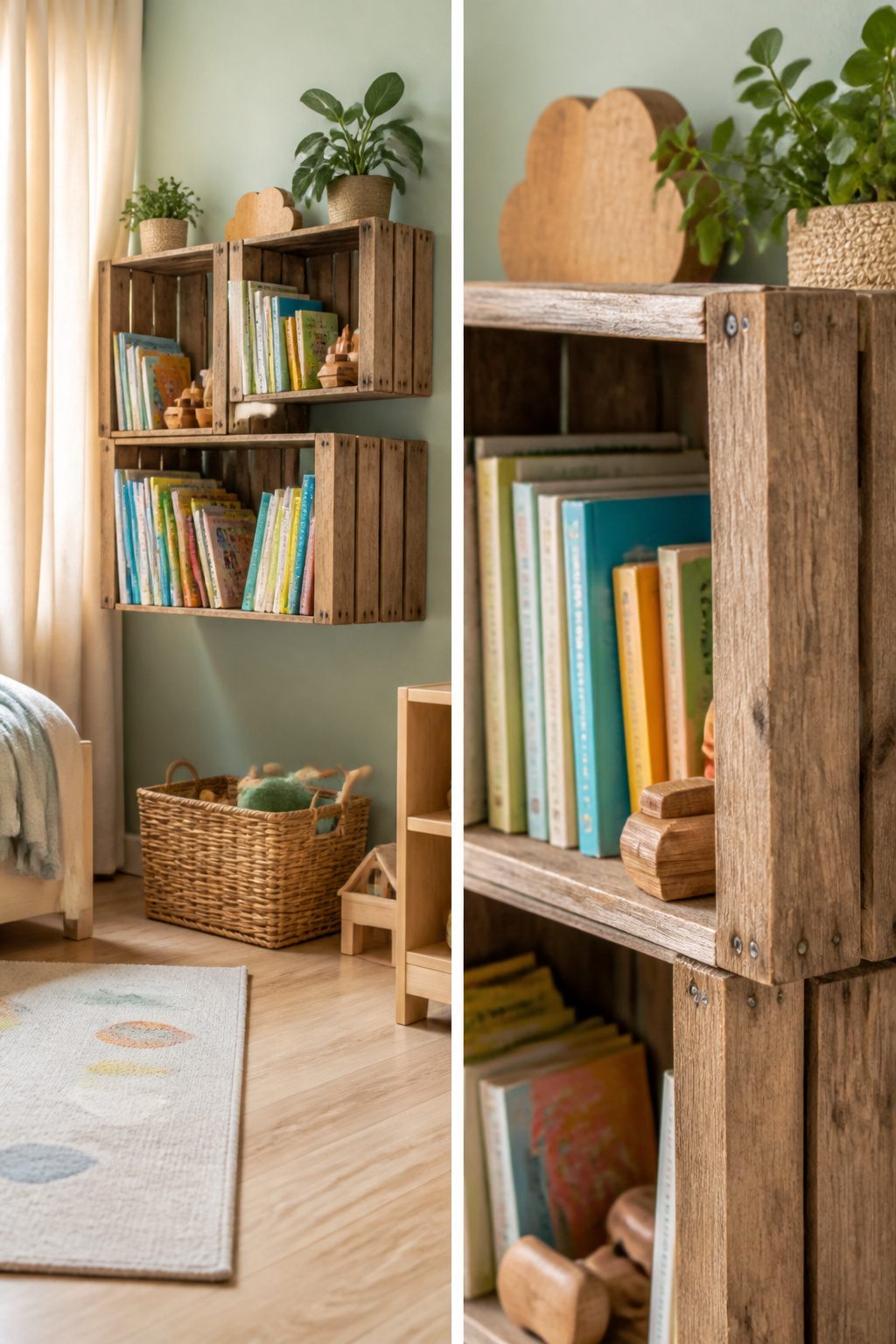 Wooden crates mounted on a wall, serving as a bookshelf in a nursery.