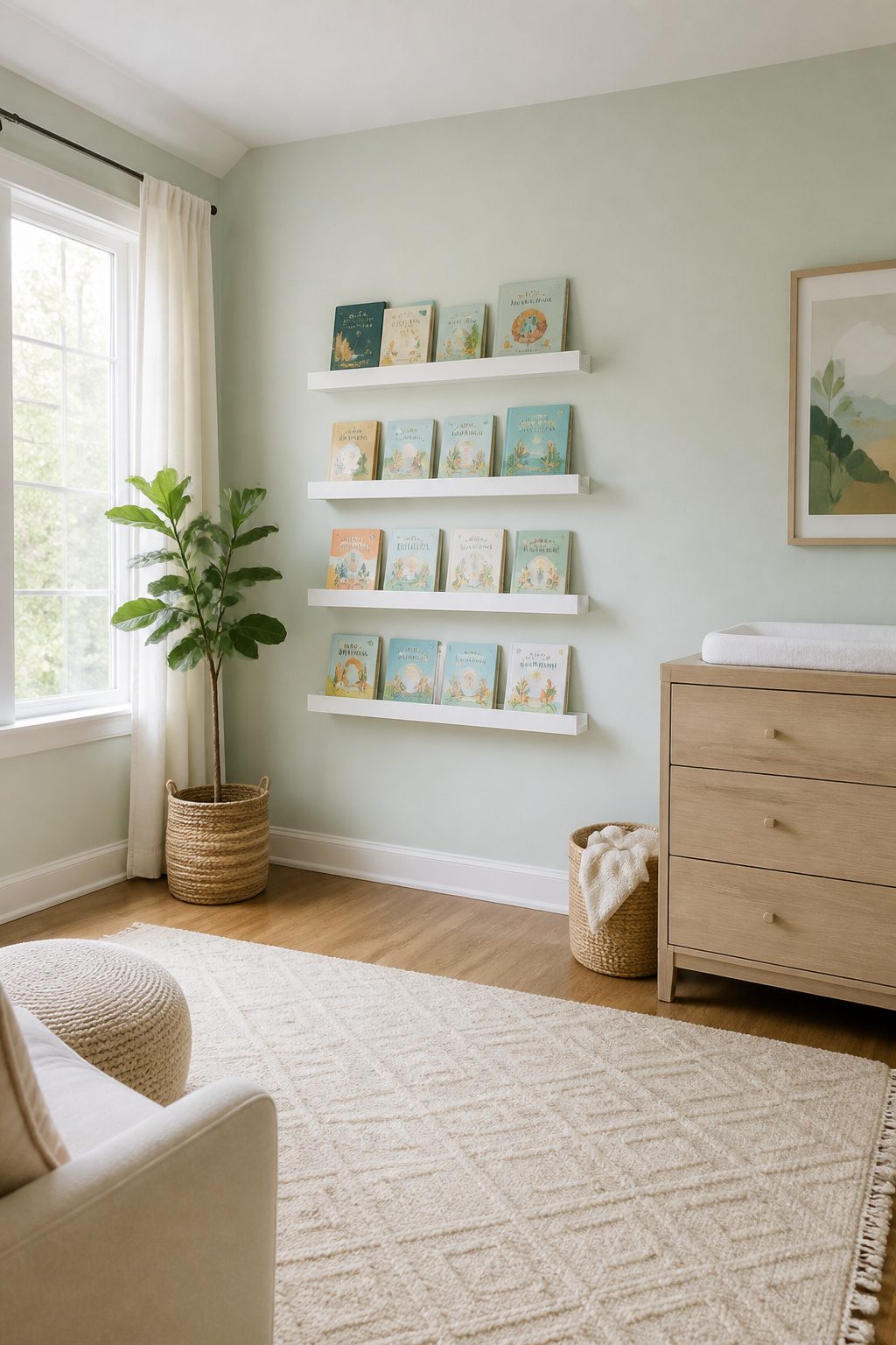 A set of floating shelves mounted on a wall holding board books.