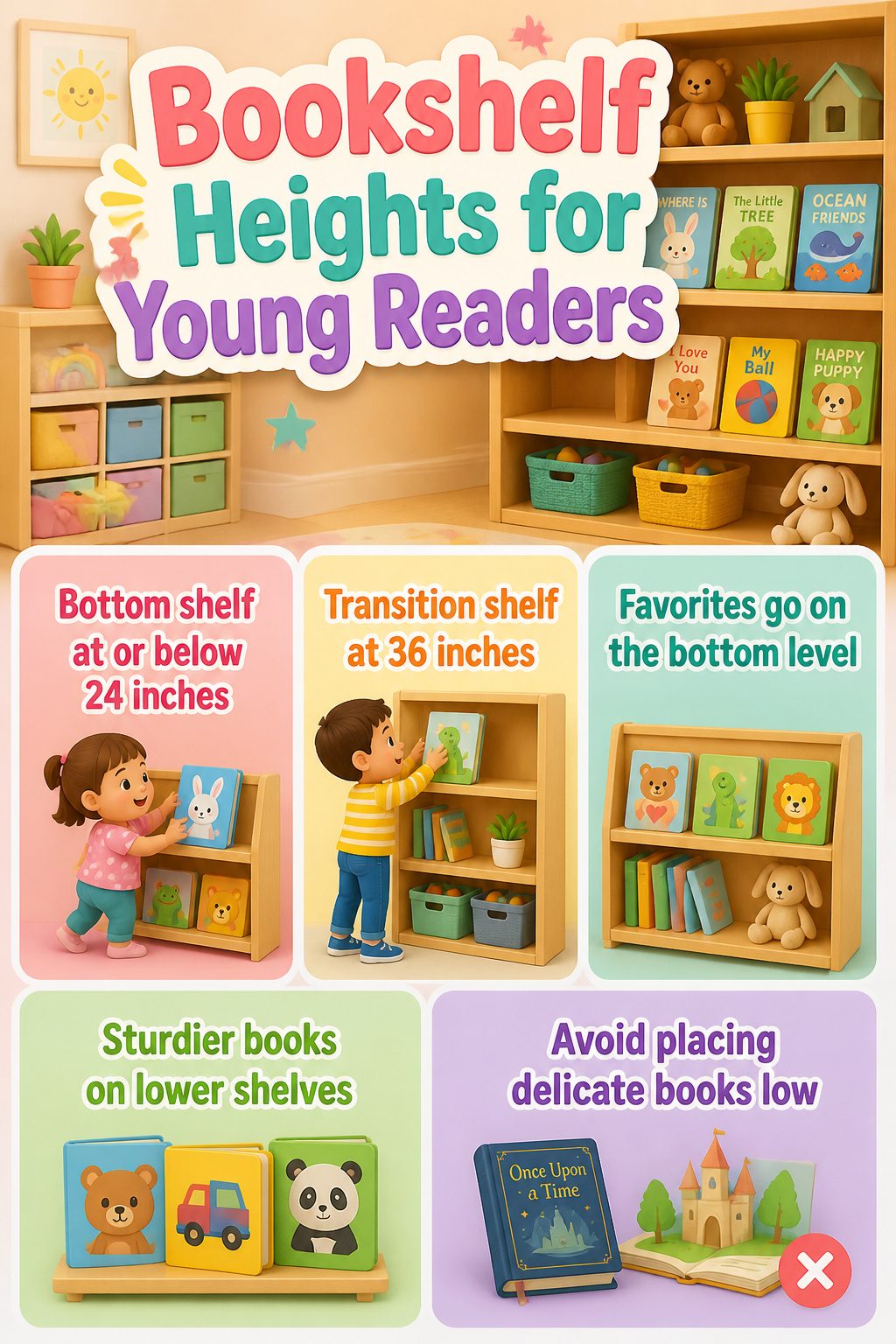 An information graphic showing recommended bookshelf heights for children.