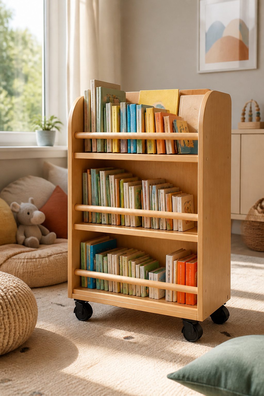 A mobile book cart filled with library books in a nursery.