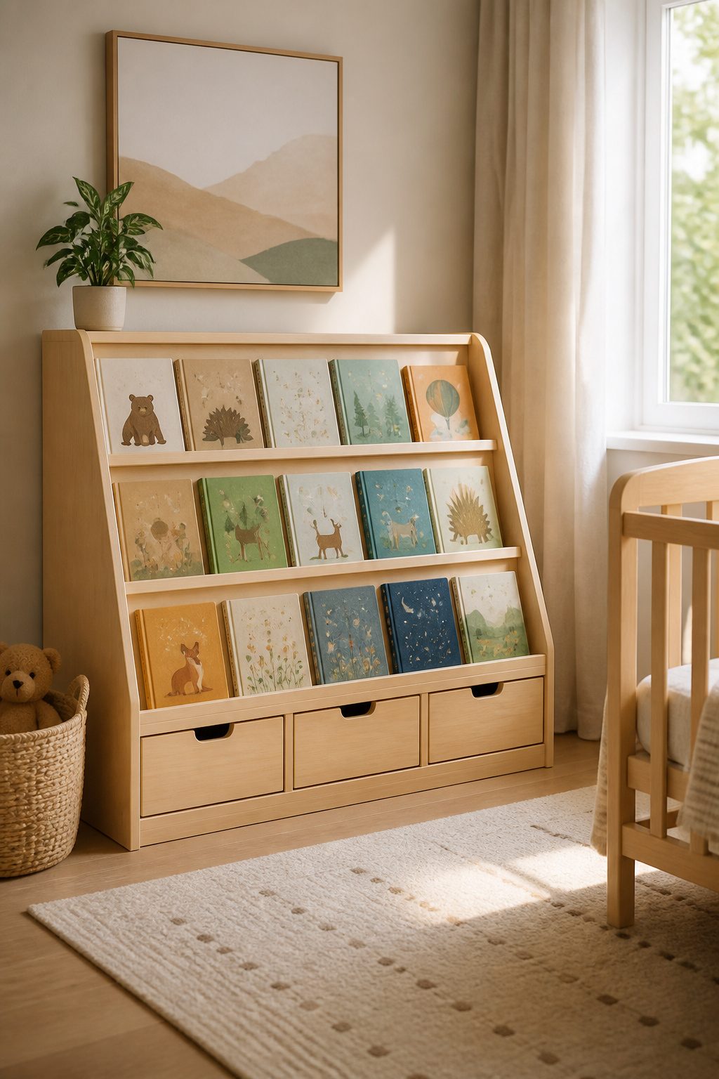 A bookshelf with vinyl lettering of a child's name and books displayed.