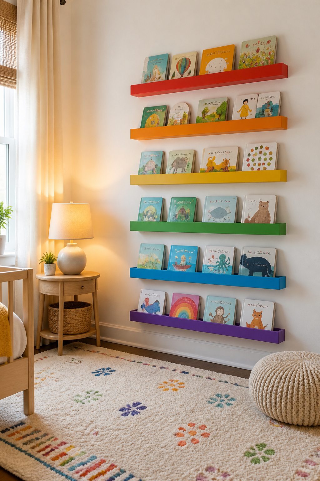 Colorful floating shelves painted like a rainbow, showcasing board books.