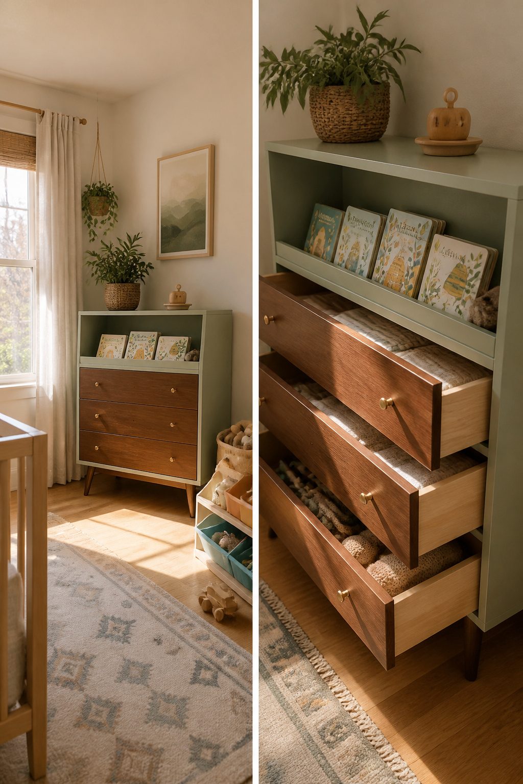 A converted dresser with books displayed on top and drawers for storage.