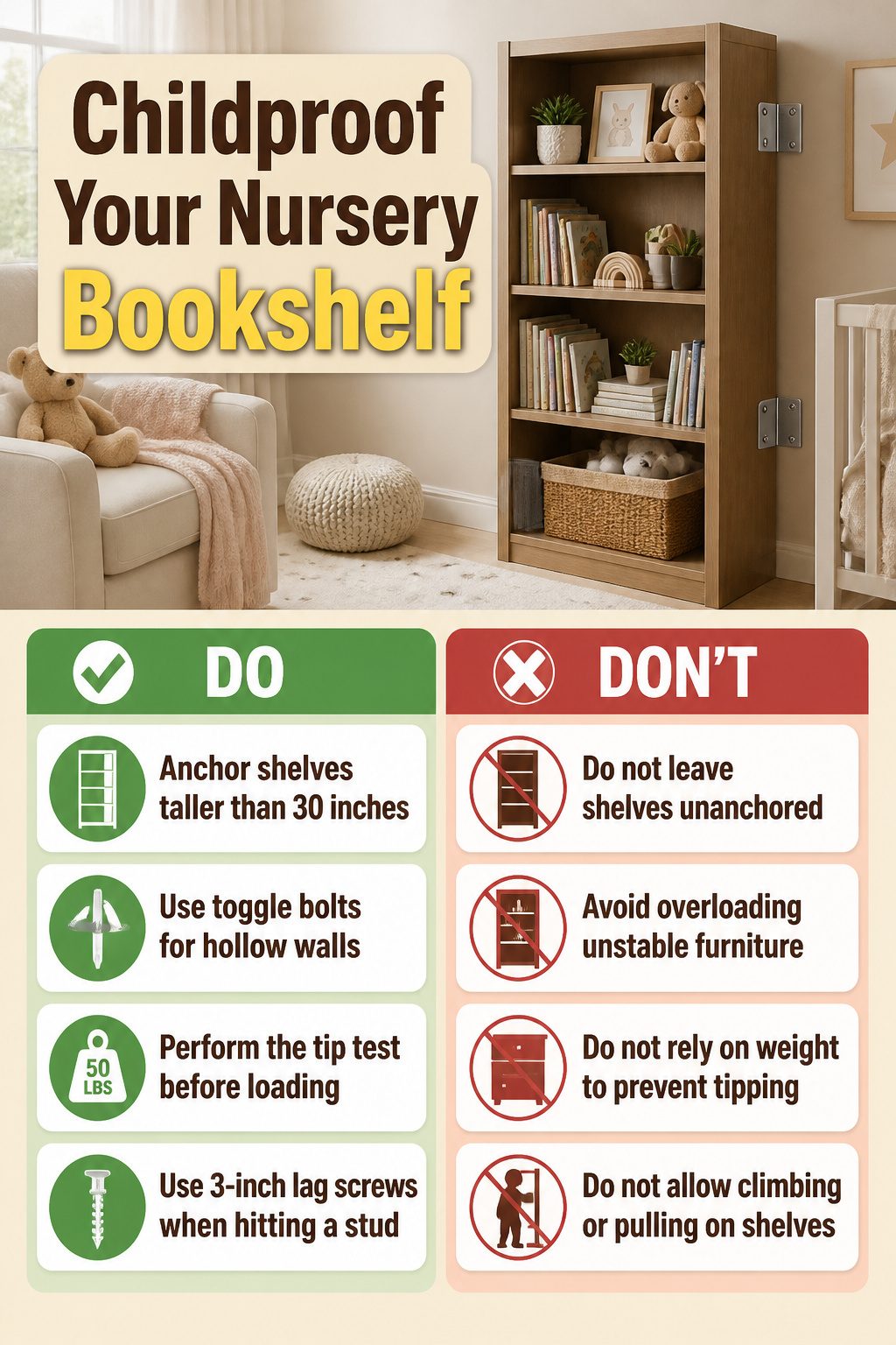 An informational graphic about wall-anchoring bookshelves for safety.