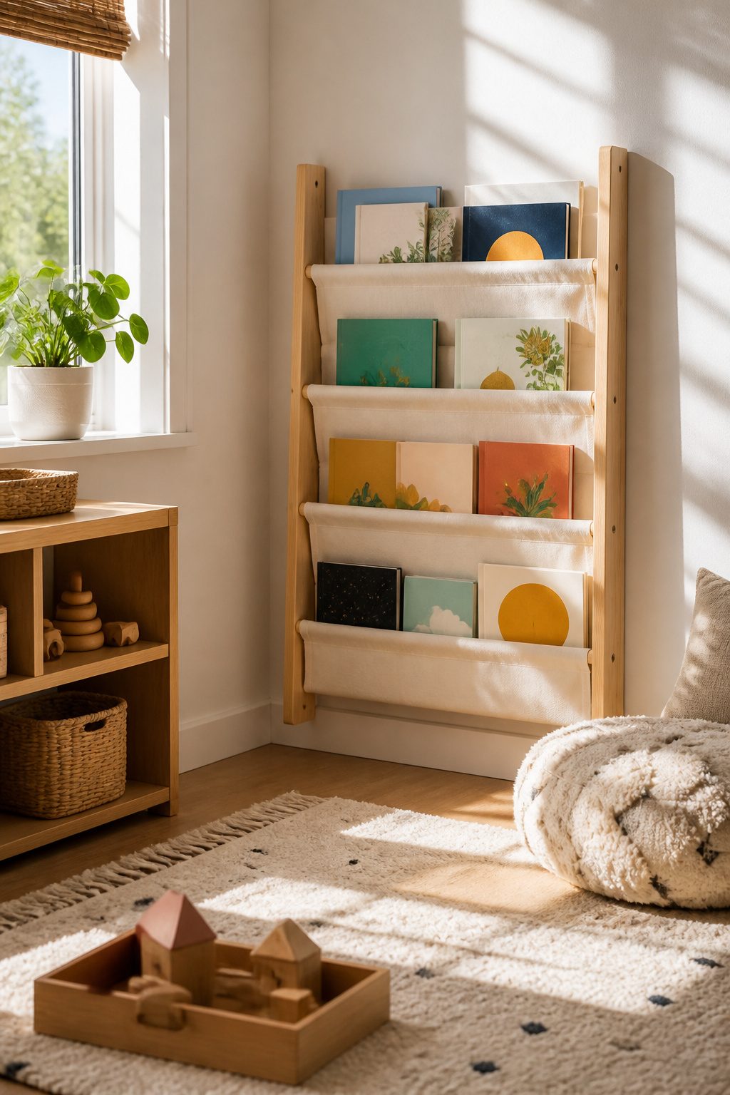 A sling bookshelf with fabric pockets filled with board books.