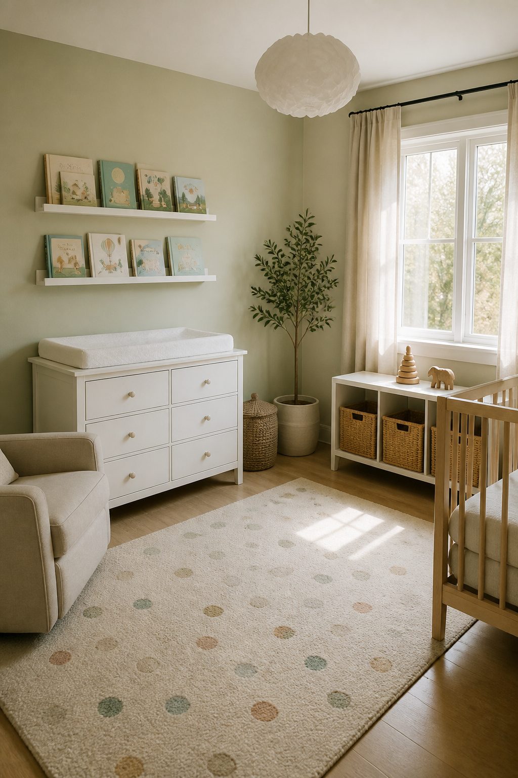 Wall-mounted shelves in a small nursery with books displayed.