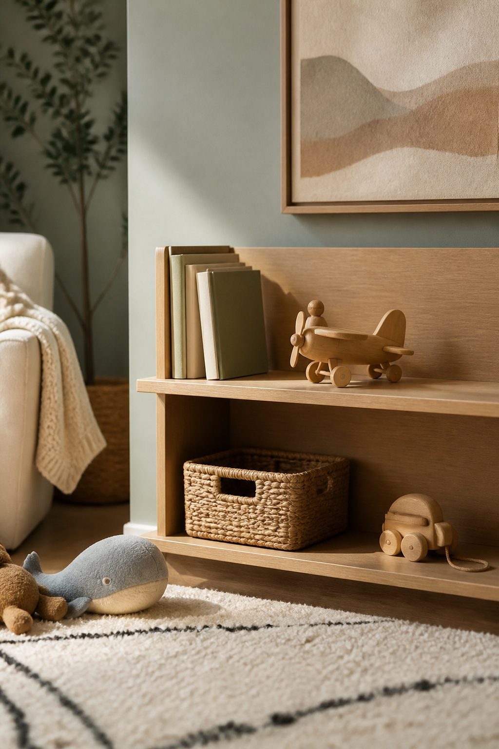 A nursery shelf with a few decorations and books arranged neatly.