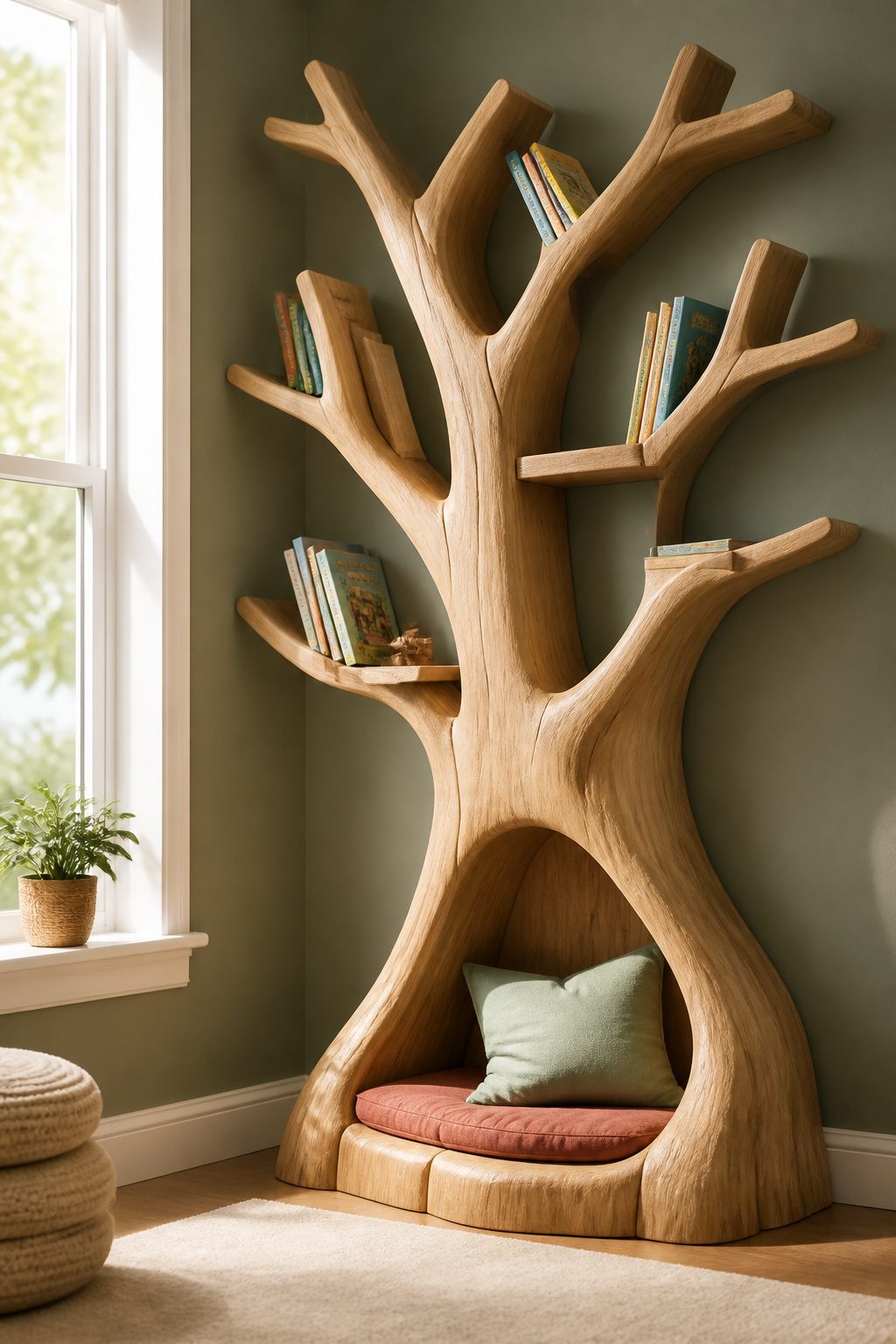 A branch-shaped tree bookshelf filled with books in a nursery.