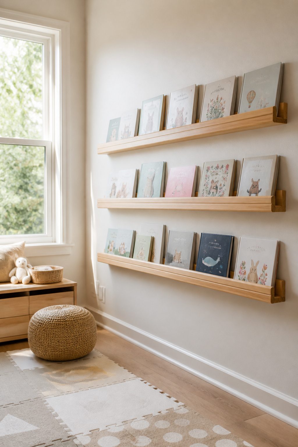 Elegant wall-mounted book ledges holding board books with covers facing out.