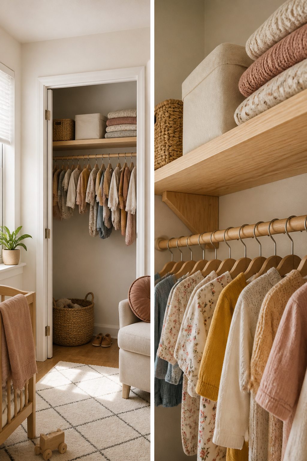 A custom-built plywood shelf system in a nursery closet.