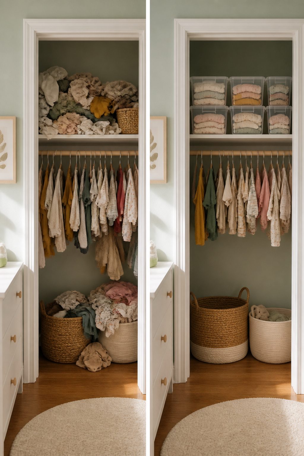 Clear bins stacked on a shelf, labeled for outgrown baby clothes.