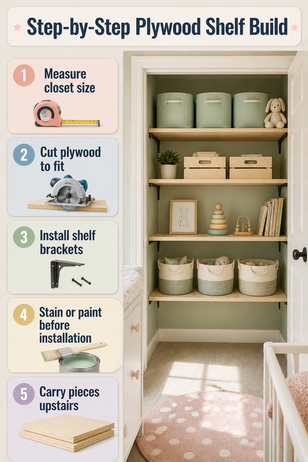 Instructions for building custom plywood shelves in a nursery closet.
