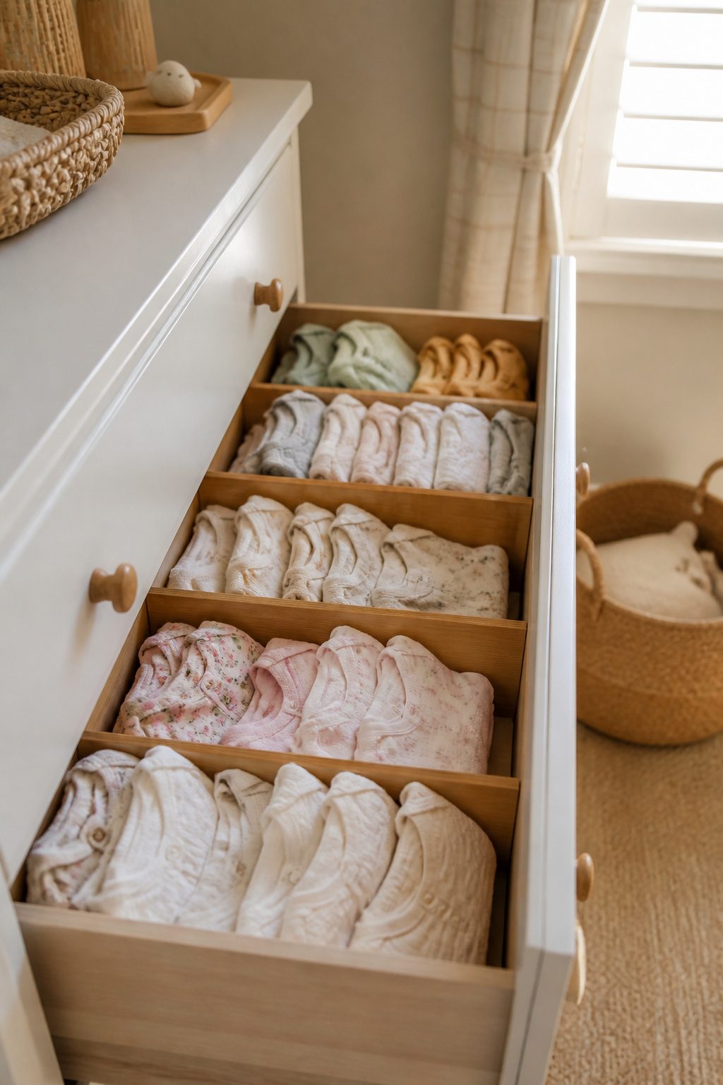 A dresser drawer with bamboo dividers and labeled baby clothes by size.