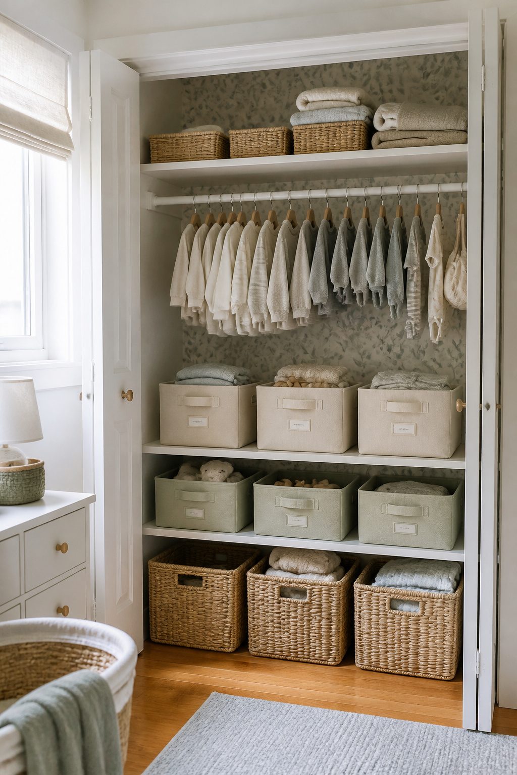 An array of labeled bins neatly arranged on nursery closet shelves.