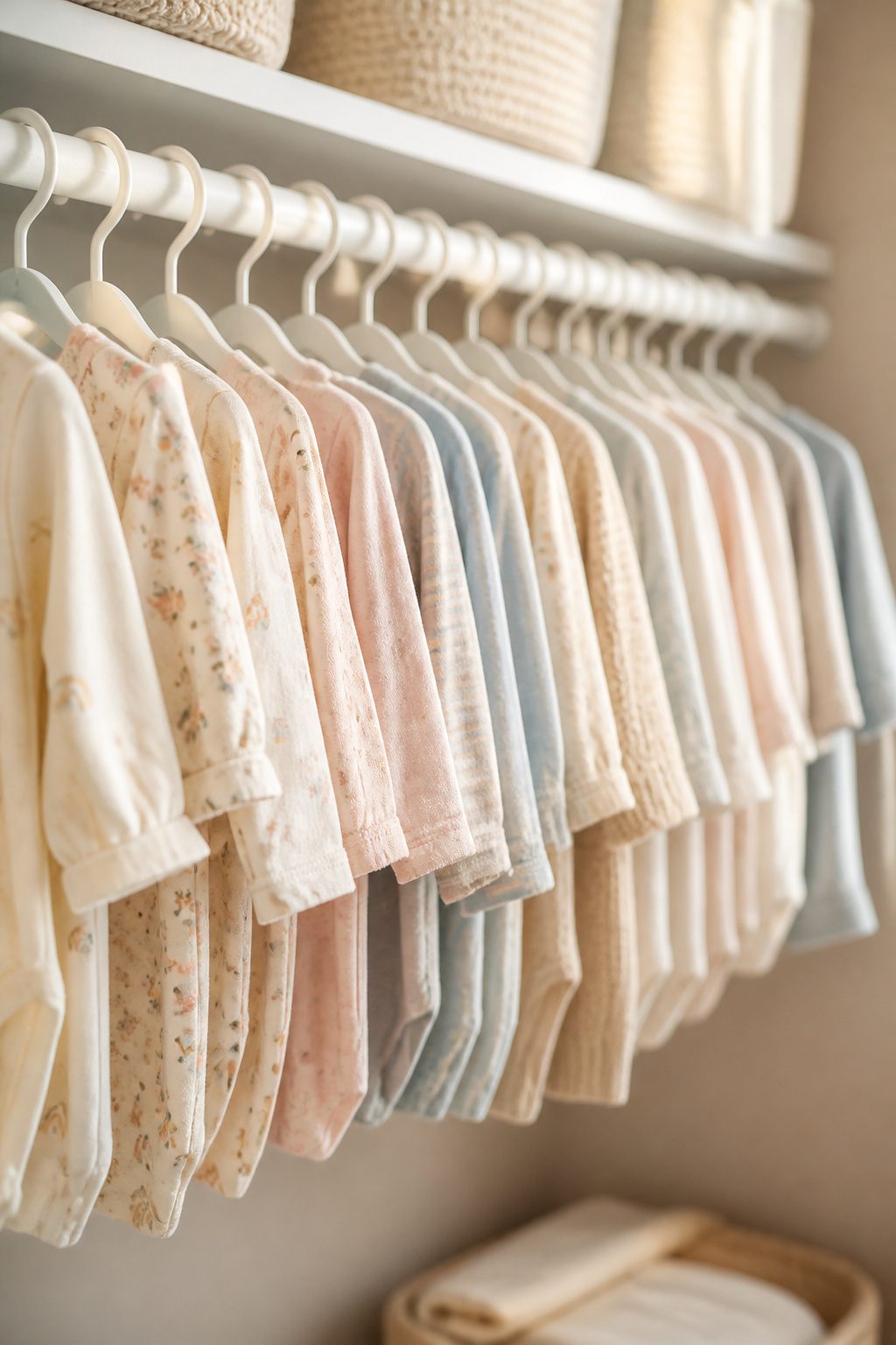 Child-size hangers holding neatly hung baby clothes in a closet.