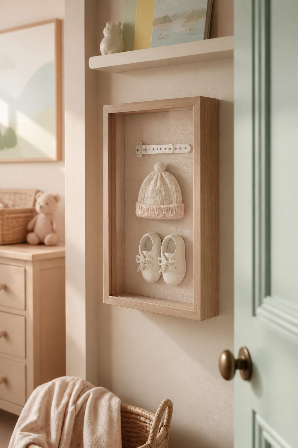 A shelf in a nursery closet holding sentimental baby items.
