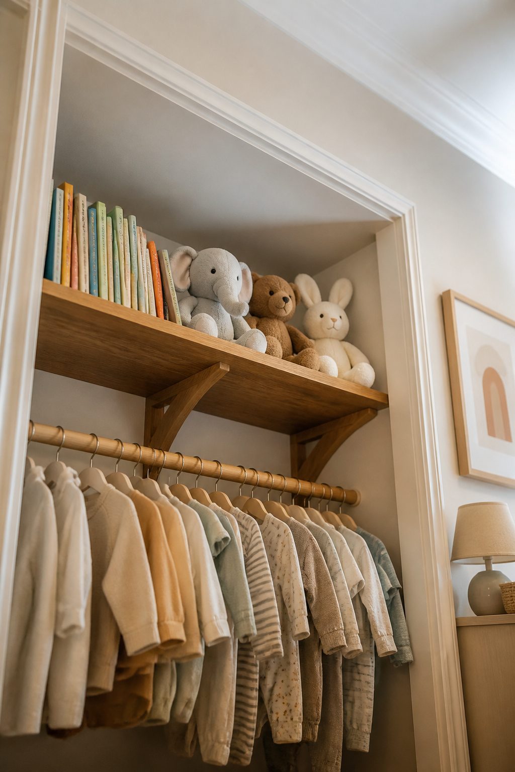 A mounted shelf above a closet rod holding books and toys.