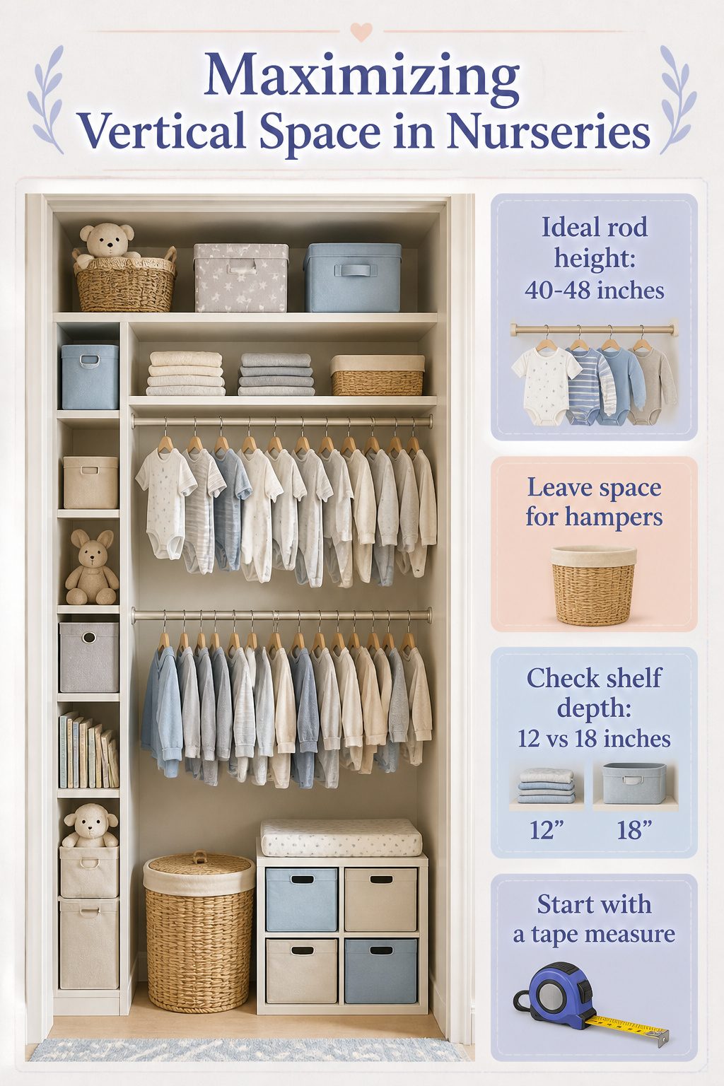 A nursery closet utilizing vertical space with multiple hanging rods.