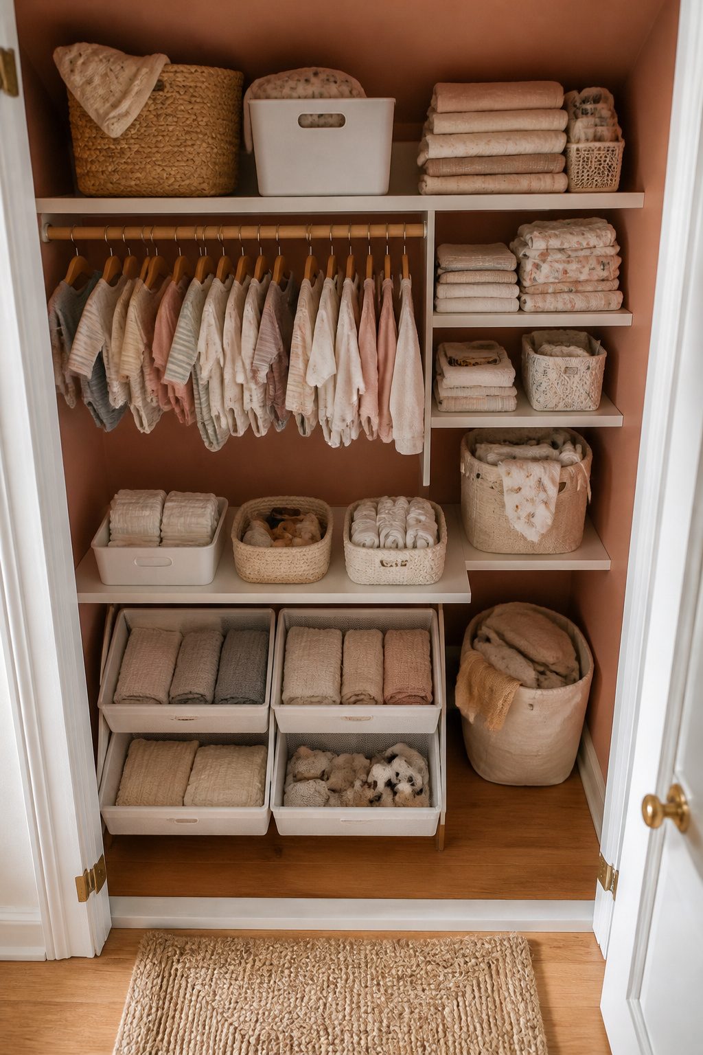 A nursery closet organized with frequently used items at eye level.