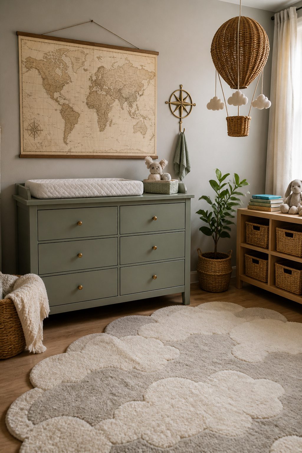 A nursery with a vintage map and adventure-themed elements.