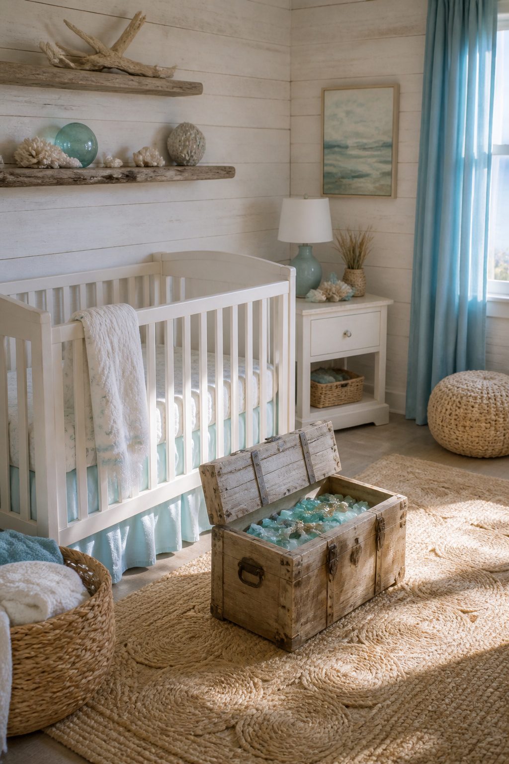 A nursery with beach-themed decor and pastels reflecting coastal beauty.