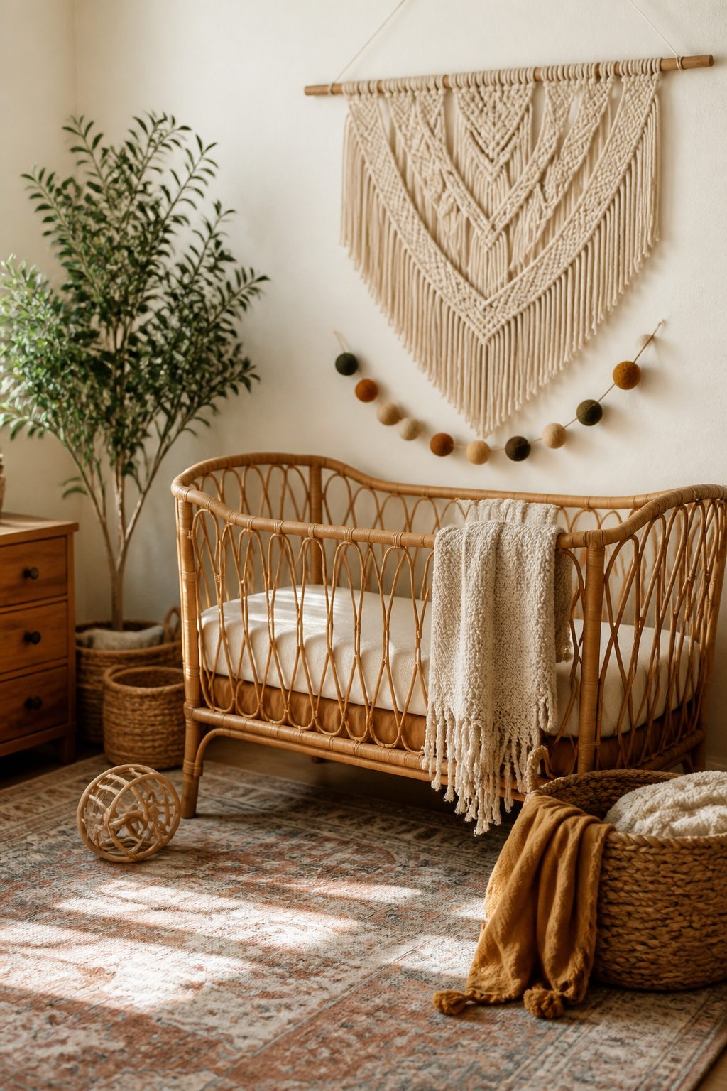 A nursery filled with textured decor and a vintage rattan crib.