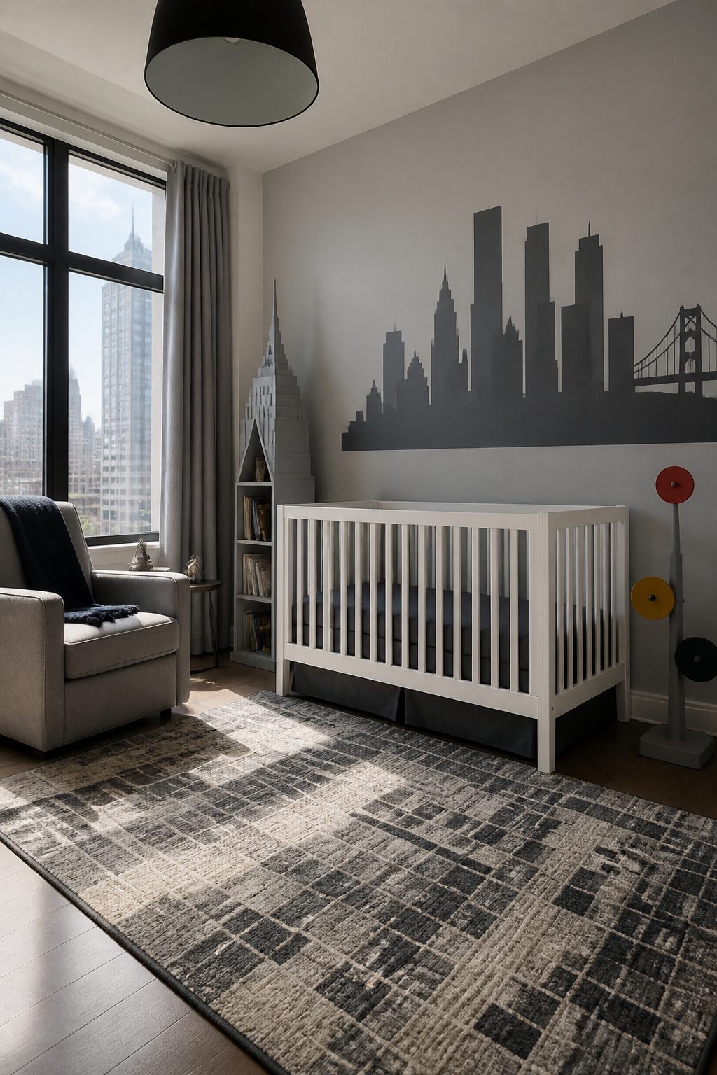 A nursery showcasing a skyline wall decal and minimalist furniture.