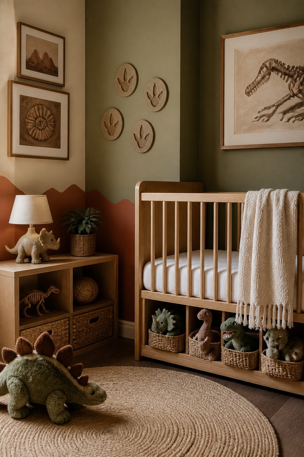 A nursery with dinosaur-themed decor and a triceratops lamp.
