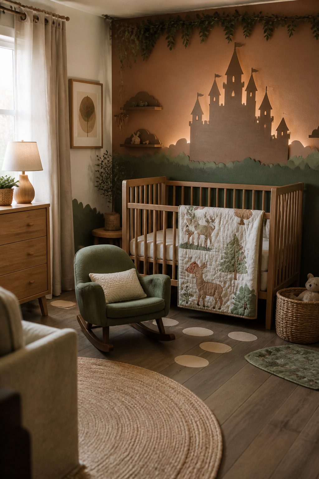 A nursery showcasing a castle silhouette and nature-inspired decor.