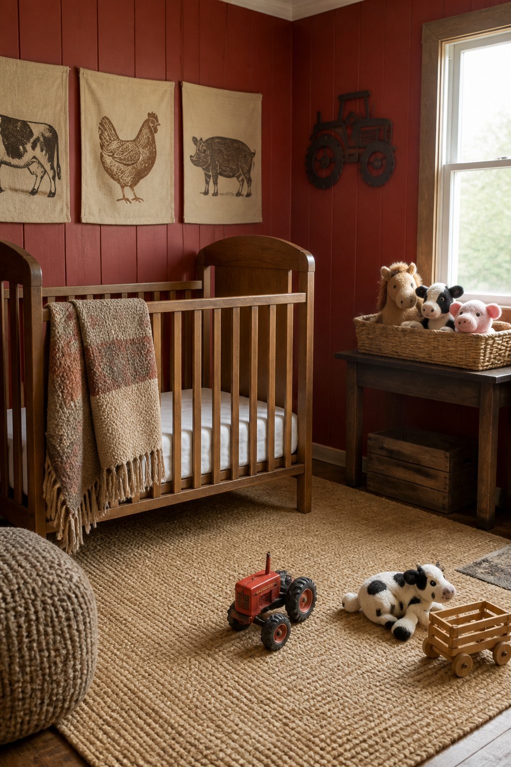A nursery showcasing rustic decor and farm animal motifs.
