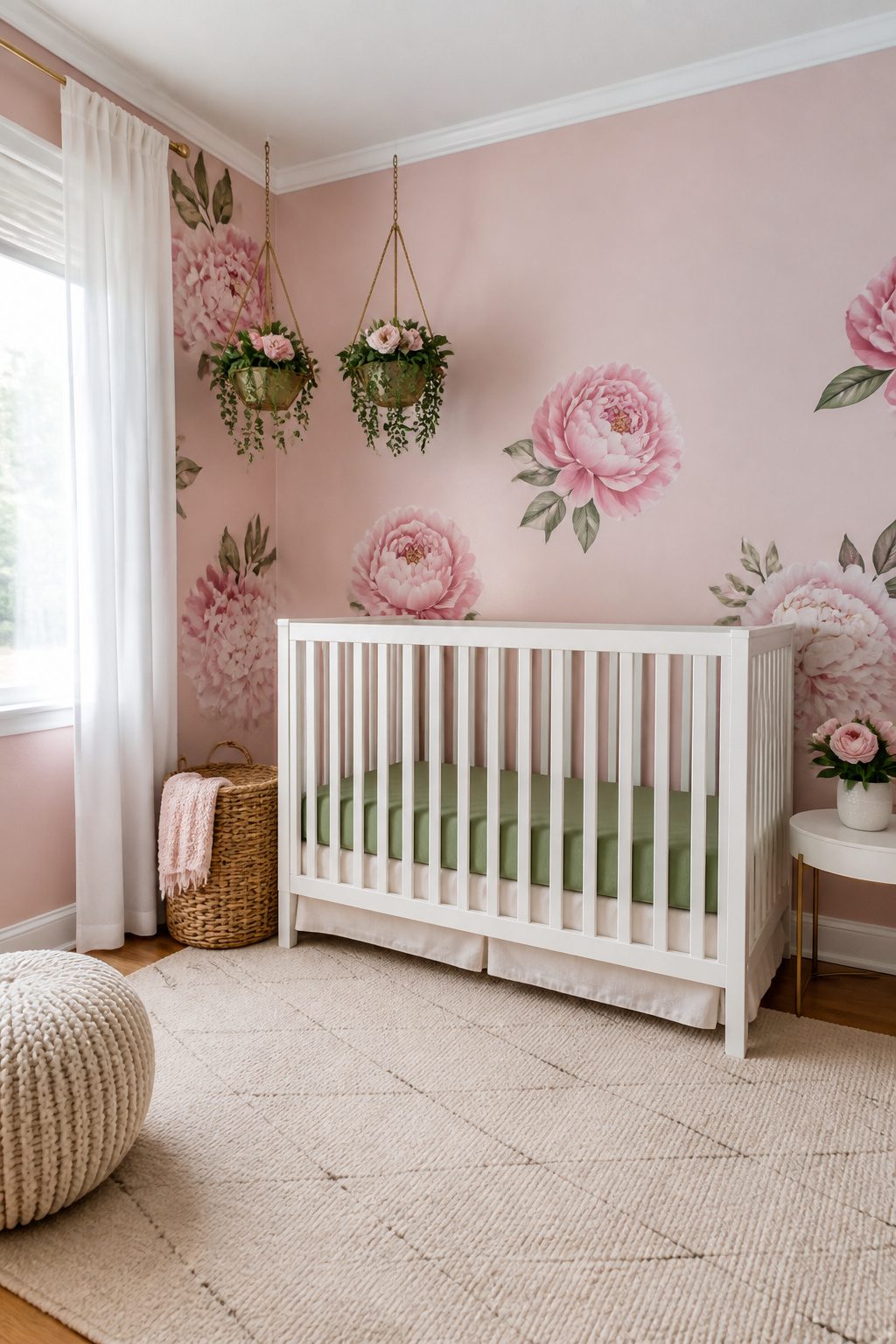 A nursery featuring floral wall decals and a soft beige rug.