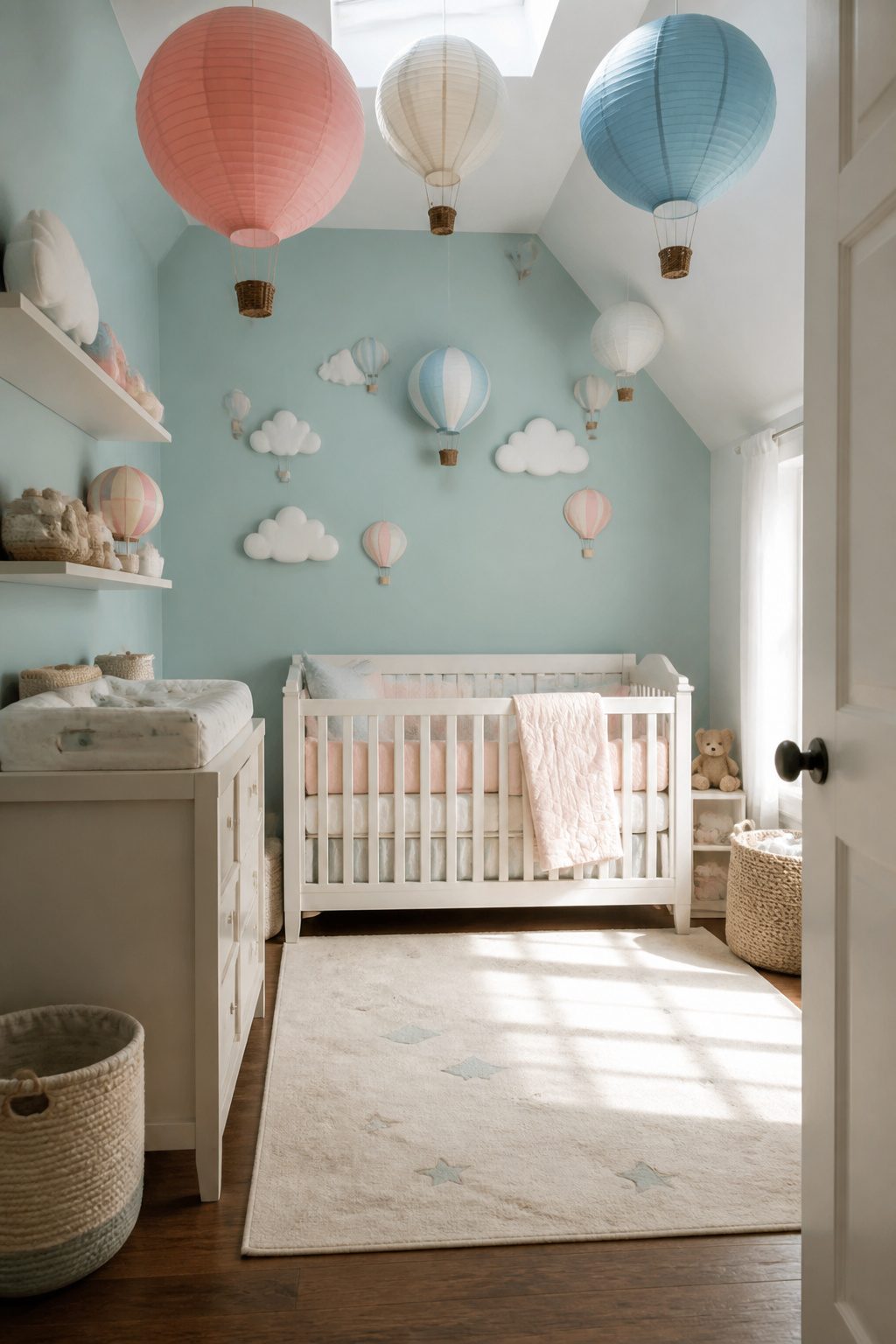 A nursery with floating lanterns and soft pastel decor.