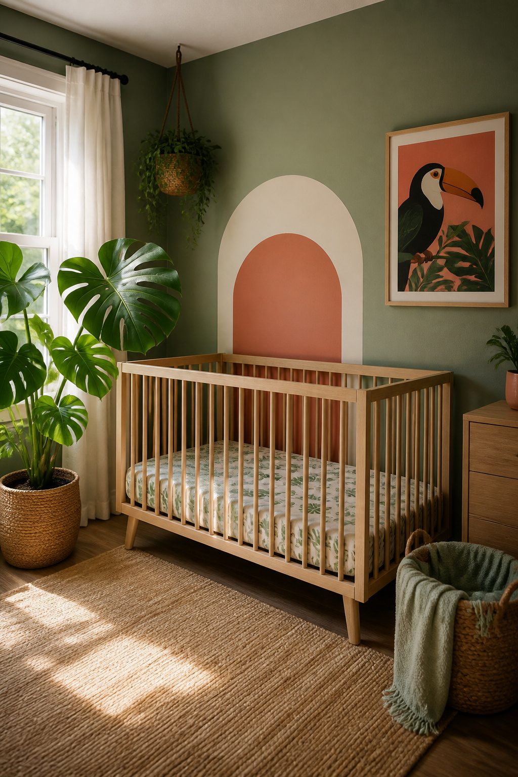 A crib surrounded by plants and sage green walls in a jungle-themed nursery.
