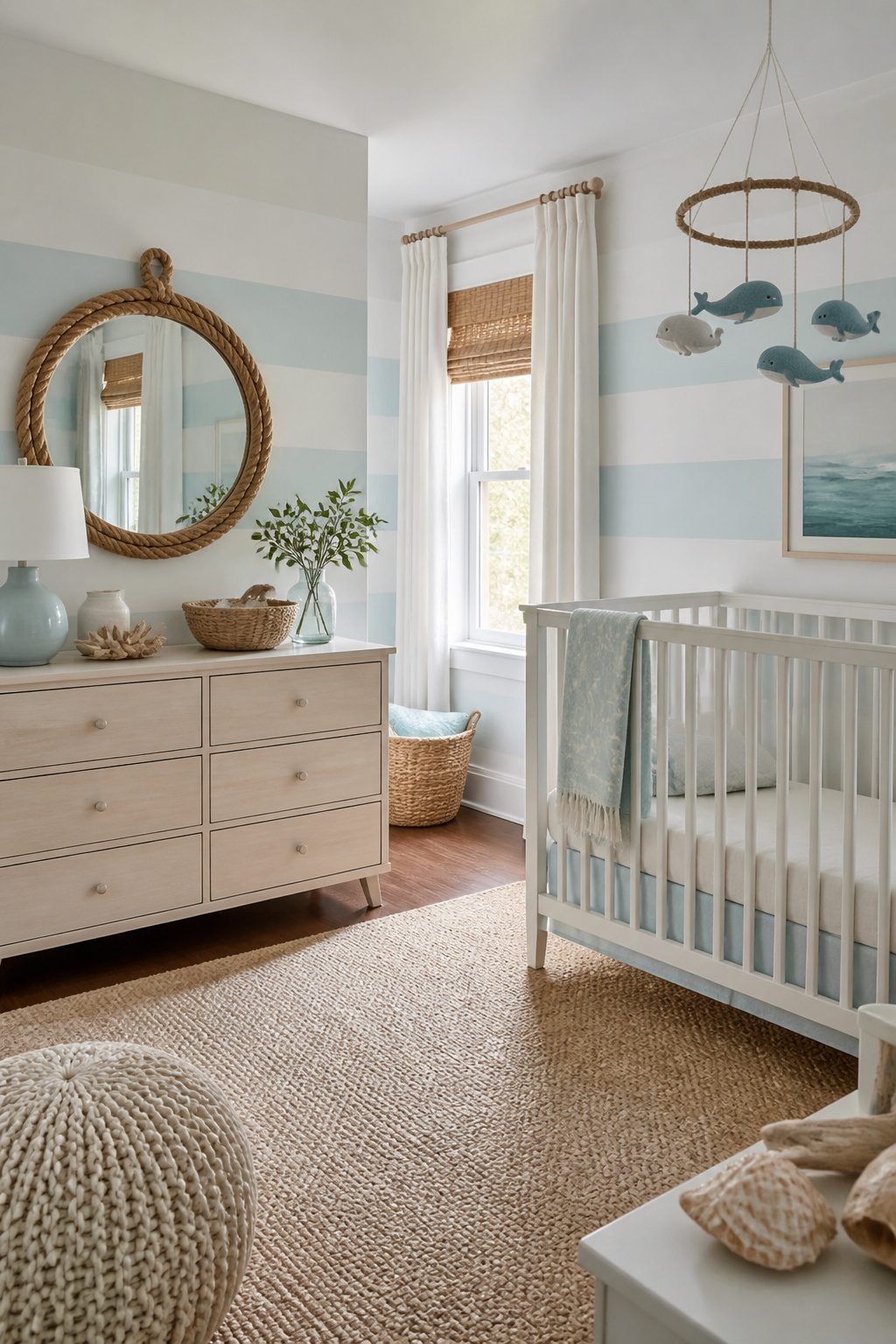 A nursery displaying nautical decor and a rope-framed mirror.