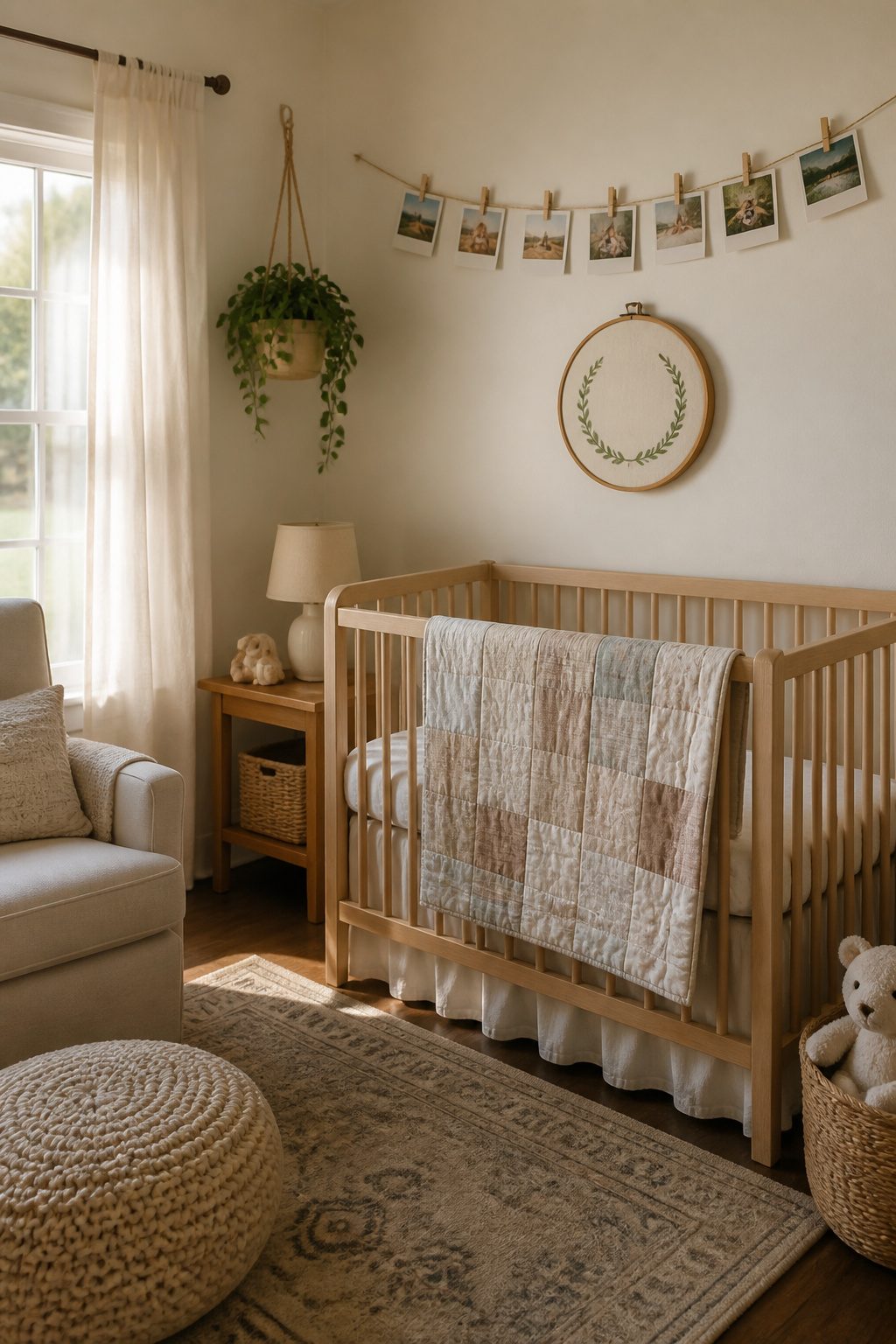 A nursery featuring family photos and handmade decor.