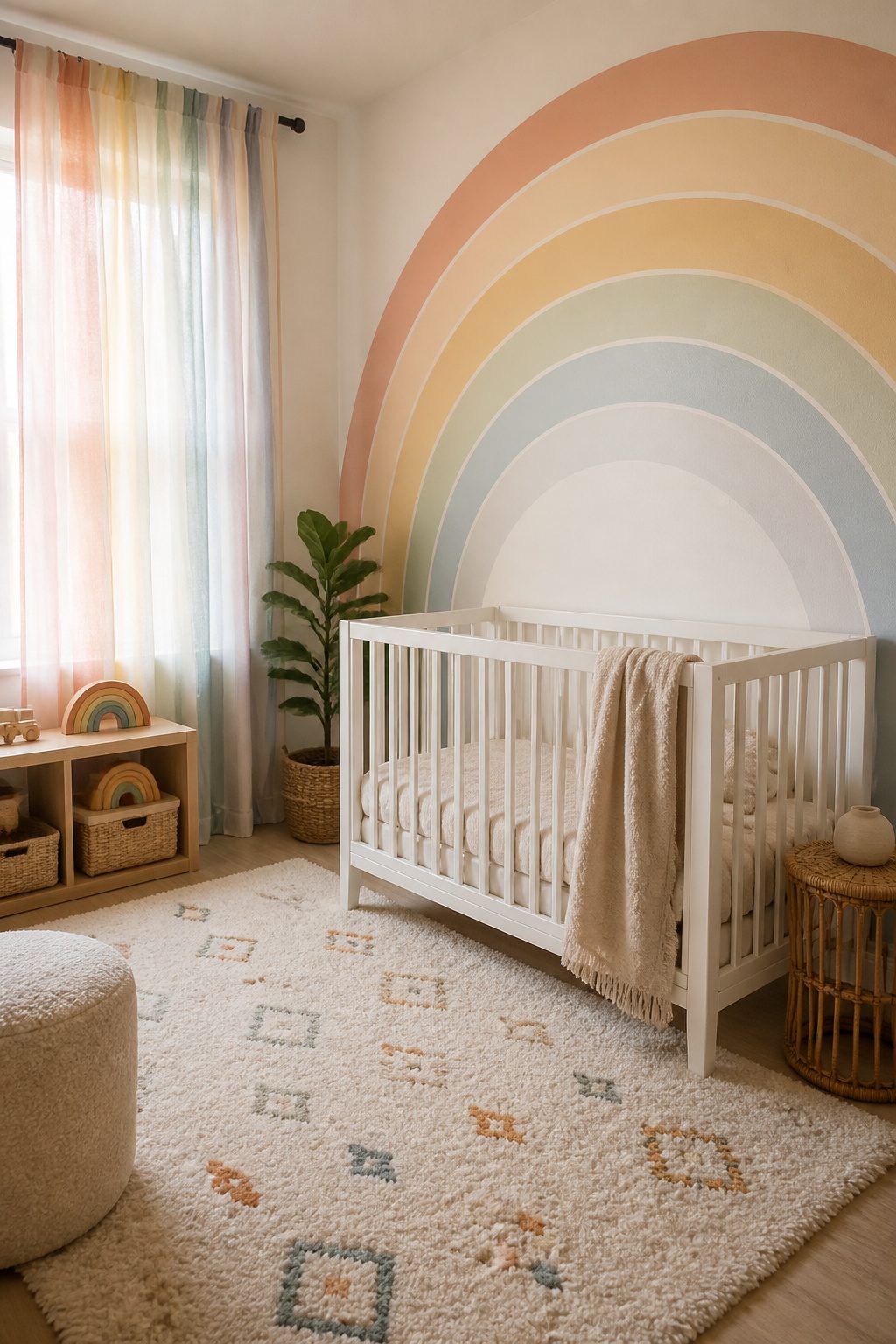A nursery adorned with pastel rainbow decor and soft striped curtains.